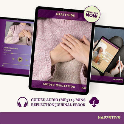 Digital display of Gratitude guided meditation download including 15-minute audio and reflection journal eBook - Happetive.