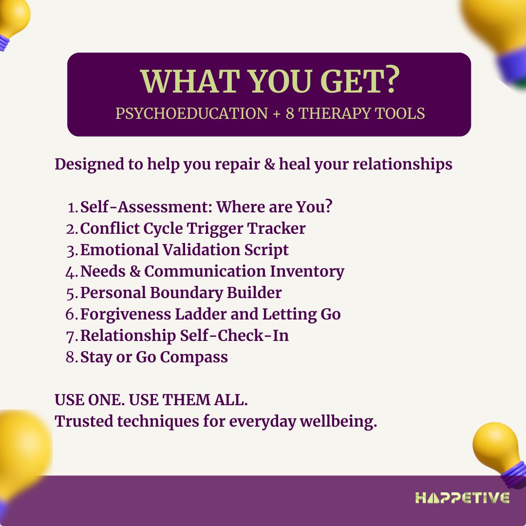 Promotional text about psychoeducation and therapy tools designed to help repair and heal relationships, with a purple banner and yellow balloons.