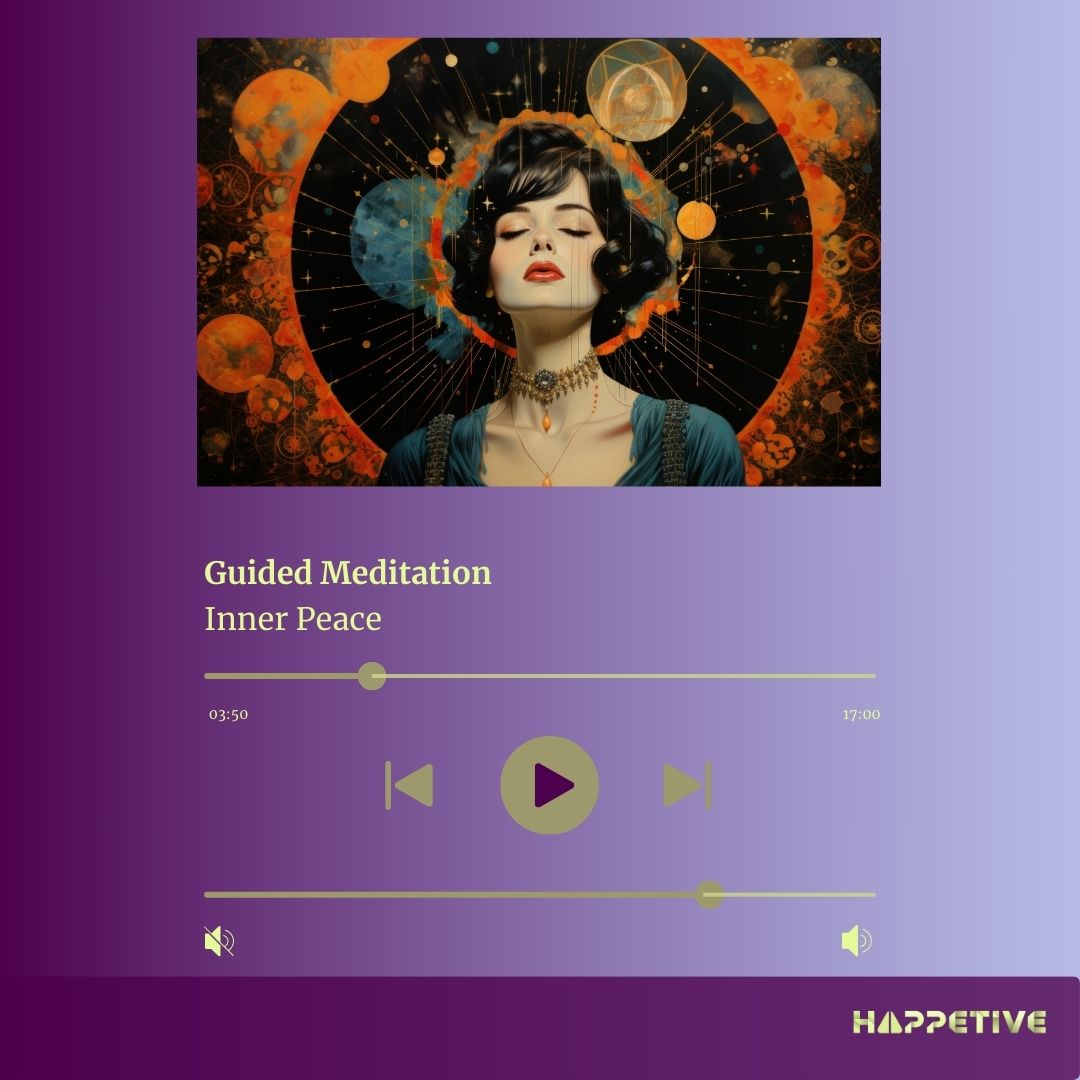Audio player interface showing Guided Meditation titled Inner Peace with an imagery of a women with eyes closed in a spiritual realm, part of Happetive's Guided Meditation collection. 
