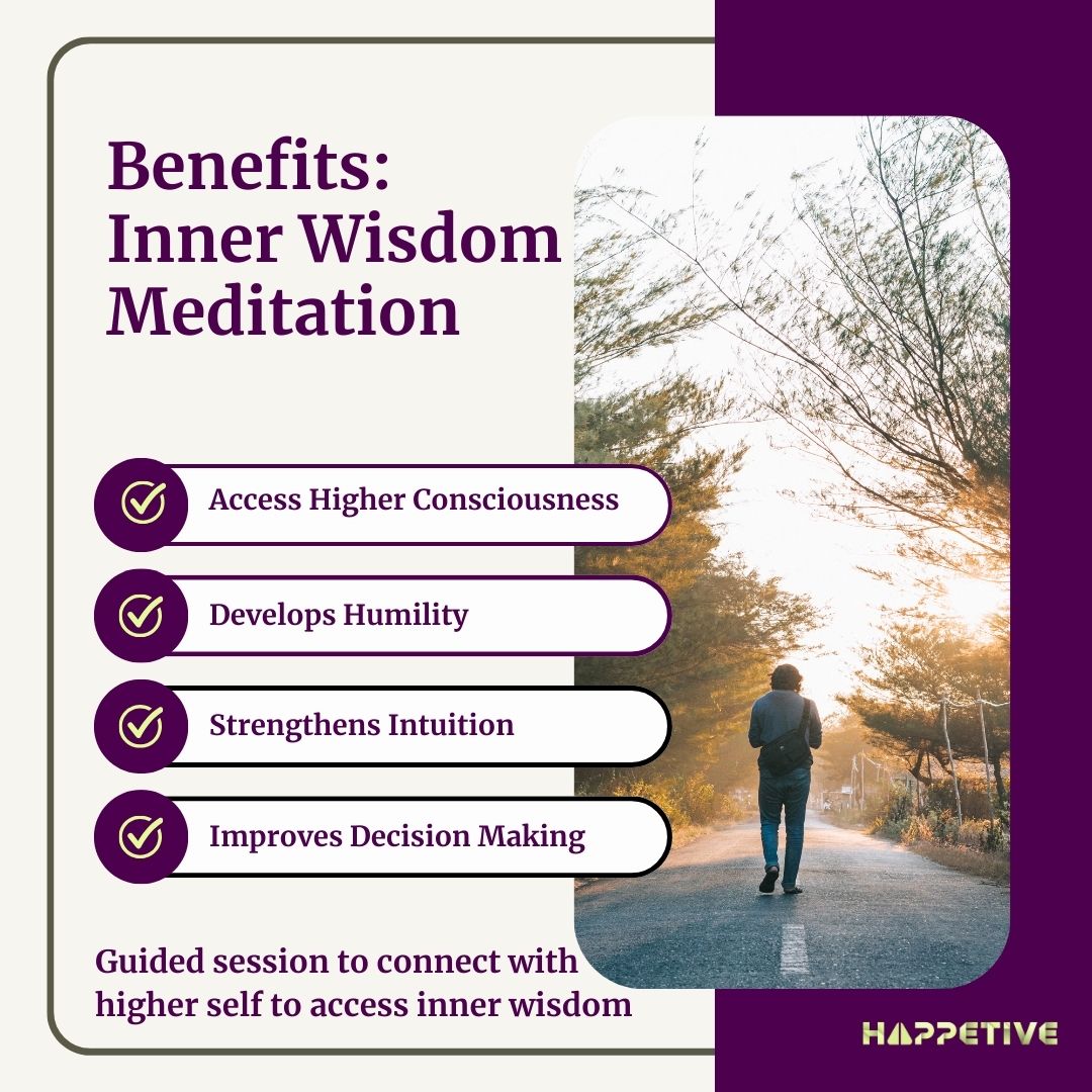 A men walking on an empty road with trees both side and seen reflecting within himself, with a list of benefits of doing inner wisdom meditation - Happetive