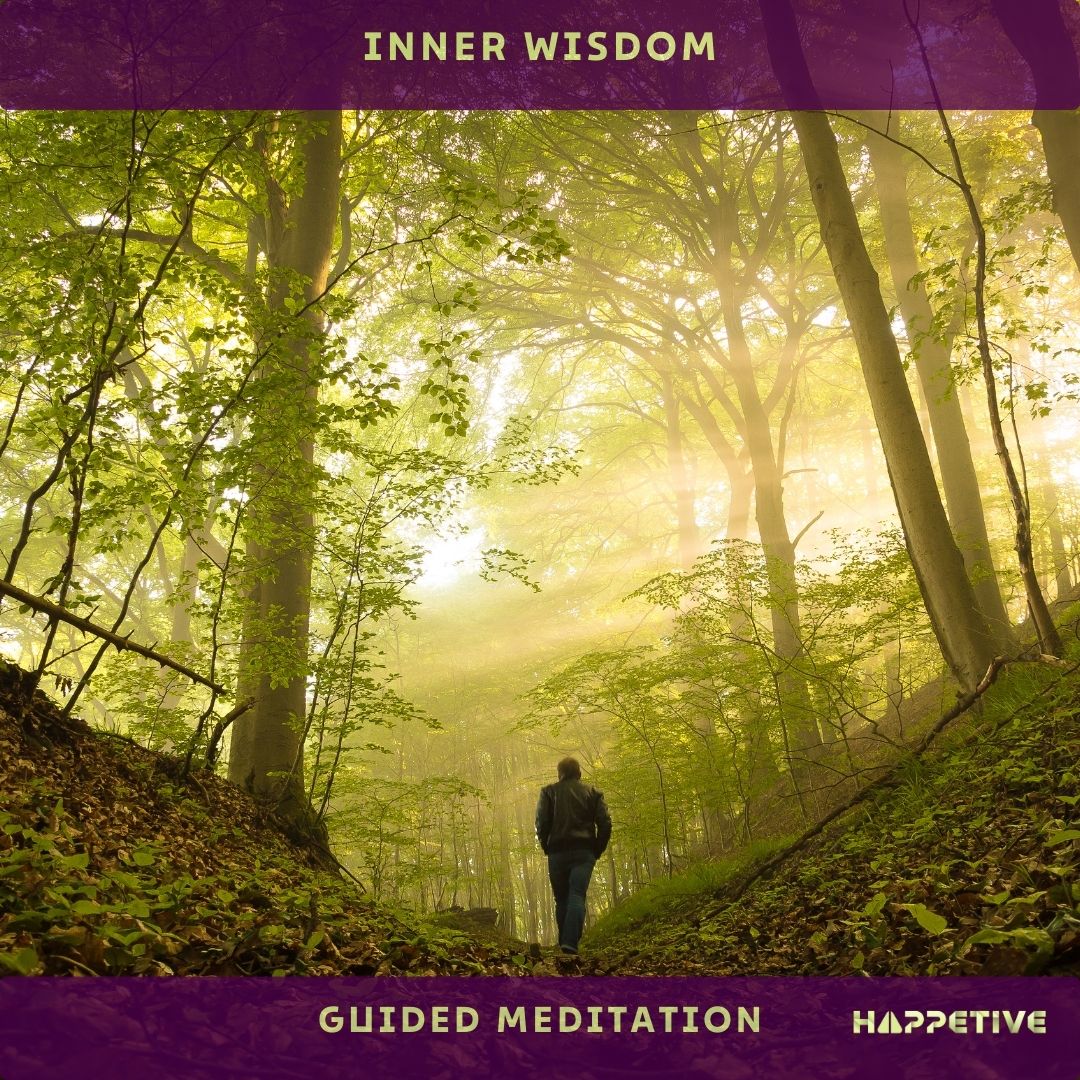 A men walking alone in a dense forest with sun light beaming through large trees and muddy road, trying to find inner wisdom with guided meditation - Happetive
