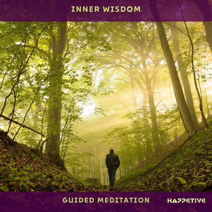 A men walking alone in a dense forest with sun light beaming through large trees and muddy road, trying to find inner wisdom with guided meditation - Happetive