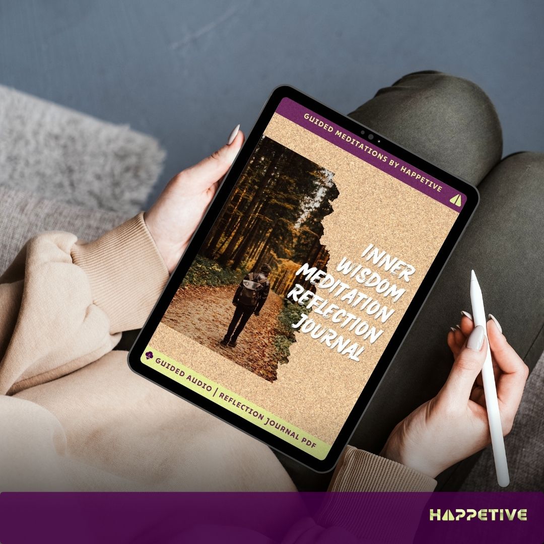 Digital reflection journal for Inner wisdom Meditation displayed on a tablet, showing a woman writing her thoughts, part of Happetive's guided meditation experience. 