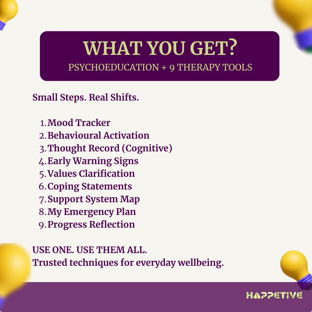 Promotional graphic for psychoeducation and therapy tools with a list of techniques and Happetive branding.