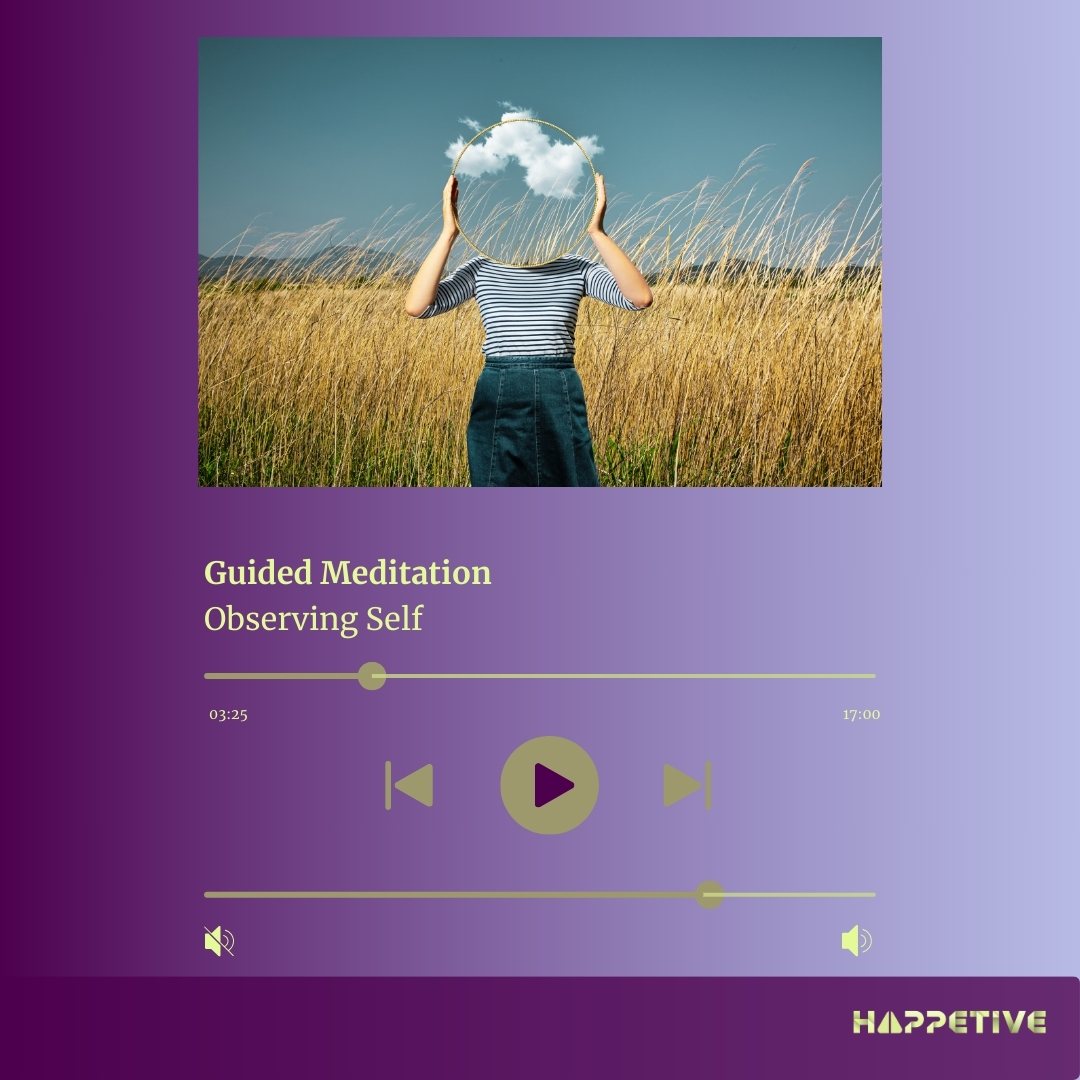 Audio player interface showing Guided Meditation titled Observing Self with reflection imagery, part of Happetive's Guided Meditation collection.