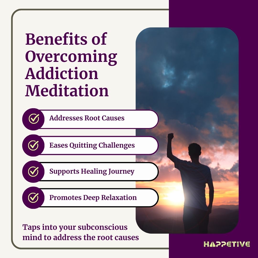 A men elated after meditating to overcome addiction, helping him to address root causes, eased quitting challenges, supporting healing journey with deep relaxation - Happetive.