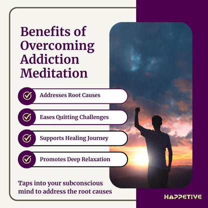 A men elated after meditating to overcome addiction, helping him to address root causes, eased quitting challenges, supporting healing journey with deep relaxation - Happetive.