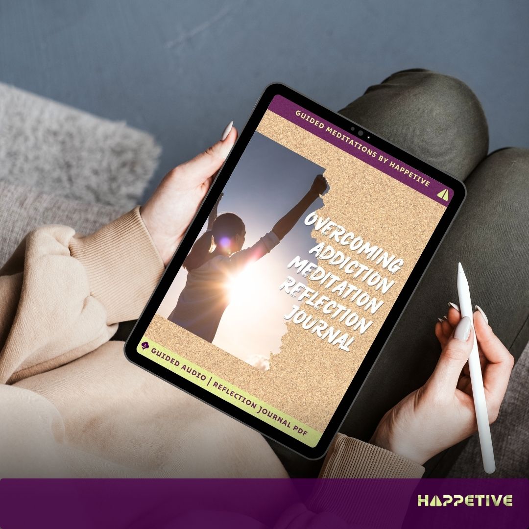 Digital reflection journal for Overcoming Addiction Meditation displayed on a tablet, showing a woman writing her thoughts, part of Happetive's guided meditation experience. 