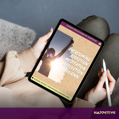 Digital reflection journal for Overcoming Addiction Meditation displayed on a tablet, showing a woman writing her thoughts, part of Happetive's guided meditation experience. 