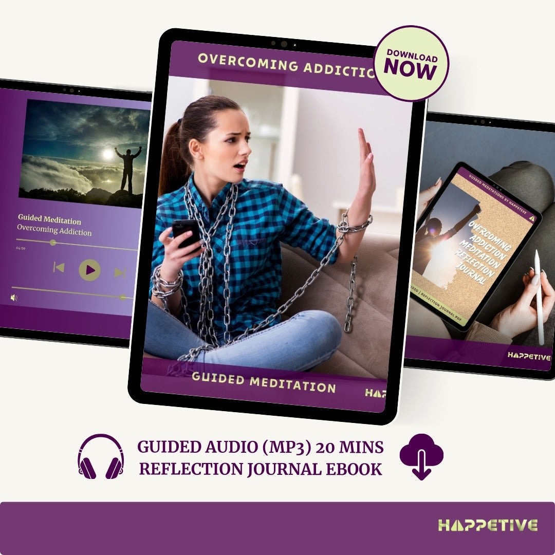 Digital display of Overcoming Addiction guided meditation download including 20-minute audio and reflection journal eBook - Happetive.