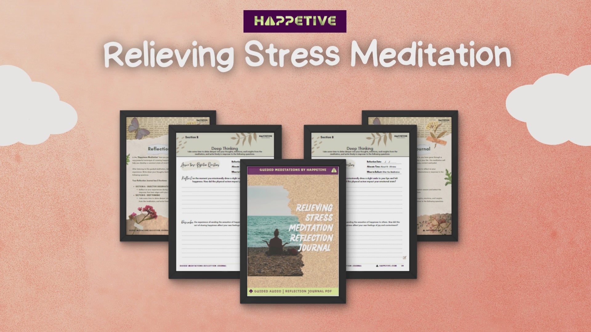 Guided meditation audio and reflection journal for relieving stress by Happetive