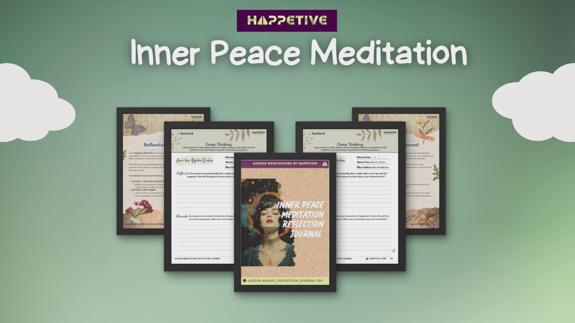 Guided meditation audio and customized reflection journal for calming your mind, reducing racing thoughts, and achieving inner peace by Happetive