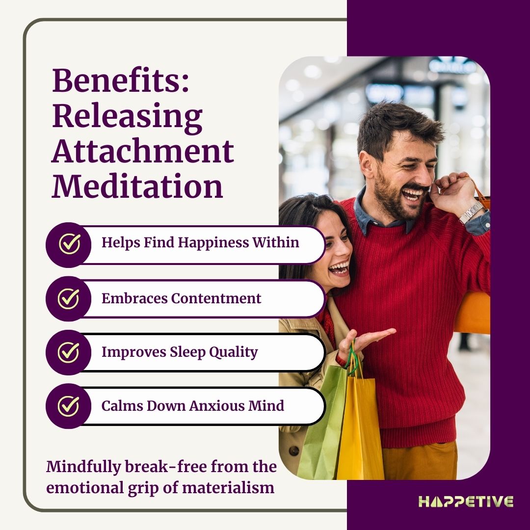 Happy attractive loving couple shopping in a mall, on a side bar listed benefits of releasing attachment meditation - Happetive. 