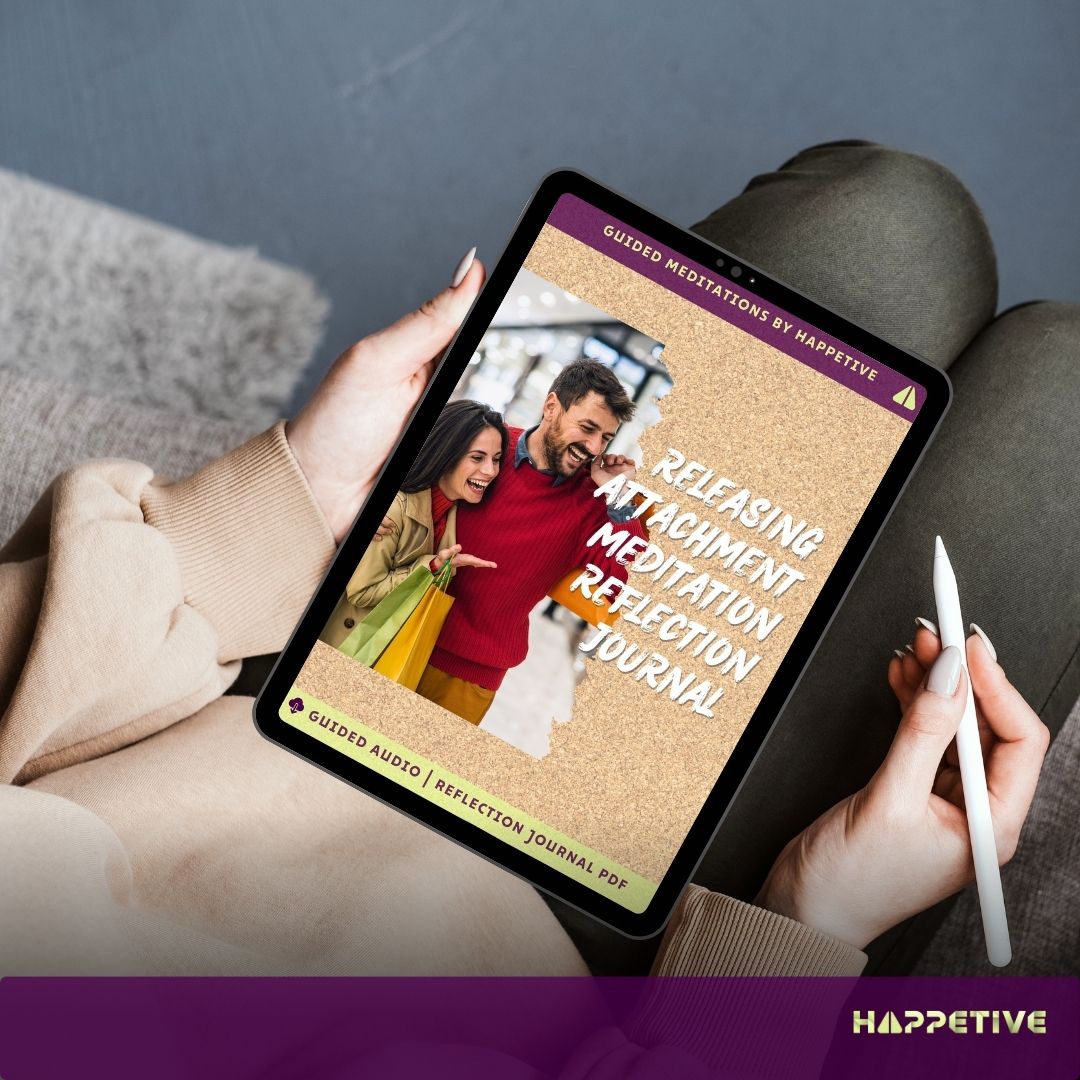 Digital reflection journal for Releasing Attachment Meditation displayed on a tablet, showing a woman writing her thoughts, part of Happetive's guided meditation experience. 