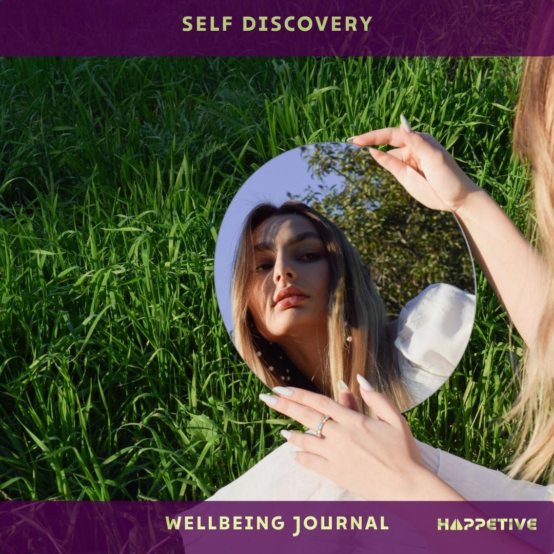 a beautiful women looking at her in a glass mirror on a green grass field showing self discovery wellbeing journal - Happetive